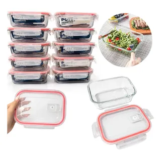 Conjunto Kit 10 Marmitas Potes Hermetico 640ml Com 4 Travas Vidro Vedação De Silicone Refratário Jogo Fit Top Vai Ao Forno Bravli Branco