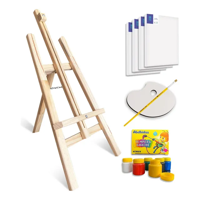 Kit Pintura Com Cavalete 4 Telas  1 Pincel 6 Tintas 1 Paleta