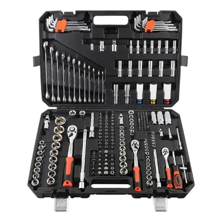Kit Ferramentas Profissional 222 Peças Soquetes Catraca Polivalente Com Maleta Metálica Para Automóveis Moto E Manutenção Residencial Preto Com Detalhes Laranja