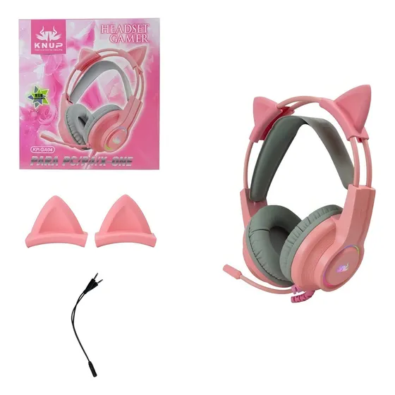 Fone Gamer Headset Orelhas Gato Knup G00D01 Luz RGB Color Rosa