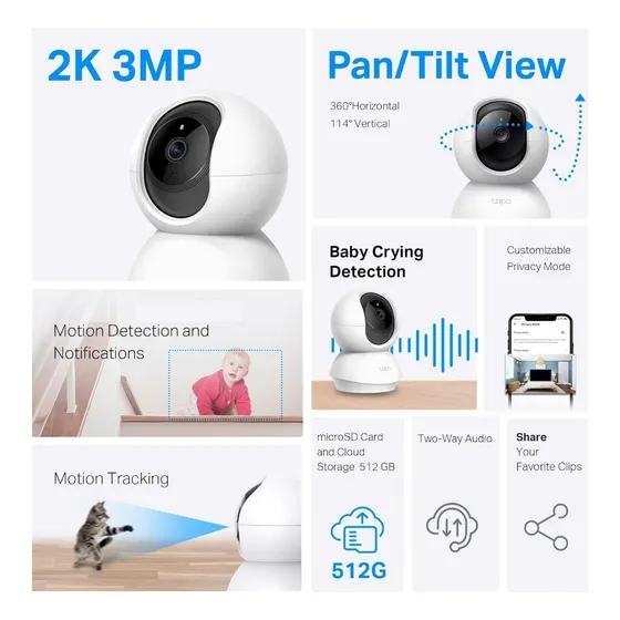 Cámara Seguridad Tplink C210 Wifi 360 2 Pack 3mp 2k