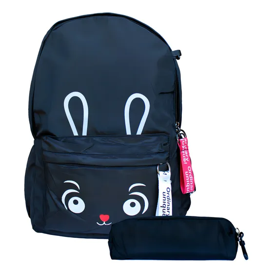 Mochila Juvenil Kawaii Con Cara De Conejo Estuche Color Negro