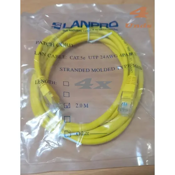 Patch Cord, Cat 5e 2mts, Amarillo, 4 Unds