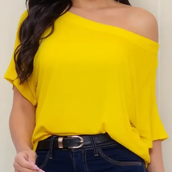 Camisa Ombro A Ombro Blusa Manga Curta Soltinha Gola Canoa