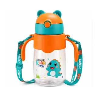 Garrafa Infantil De Orelhinhas 500ml Canudo Antivazamento Verde Dinossauro Laranja