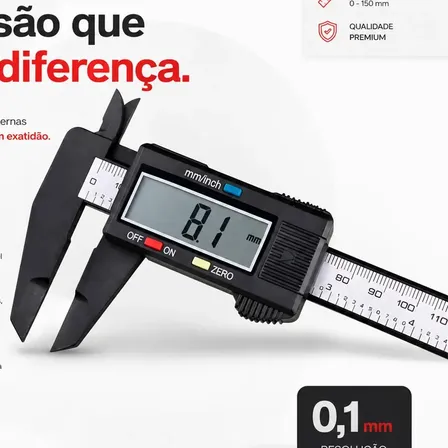 Paquímetro Digital Rezzet 150mm em Fibra de Carbono Resolução 0,01mm Alta Precisão Medição Interna Externa Profundidade e Degrau Display LCD Profissional para Mecânica e Indústria