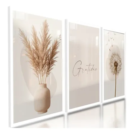 Quadros Boho Dente De Leão Jarro Gratidão Fé Sala Kit 122x60