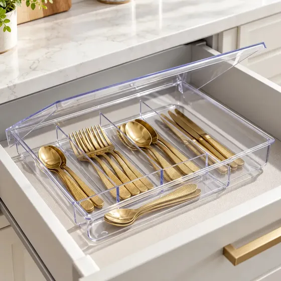 Porta Talheres Com Tampa Organizador De Gavetas E Utensilios De Acrílico Com 5 Divisórias Compartimentos Transparente Para Cozinha Moderno Bonito Fácil Limpeza