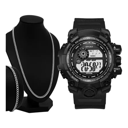 Relógio Masculino Digital Led Preto + Kit Corrente Pulseira Preto