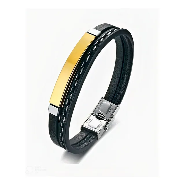 Pulsera De Cuero Negro Brazalete Con Placa De Acero Dorado