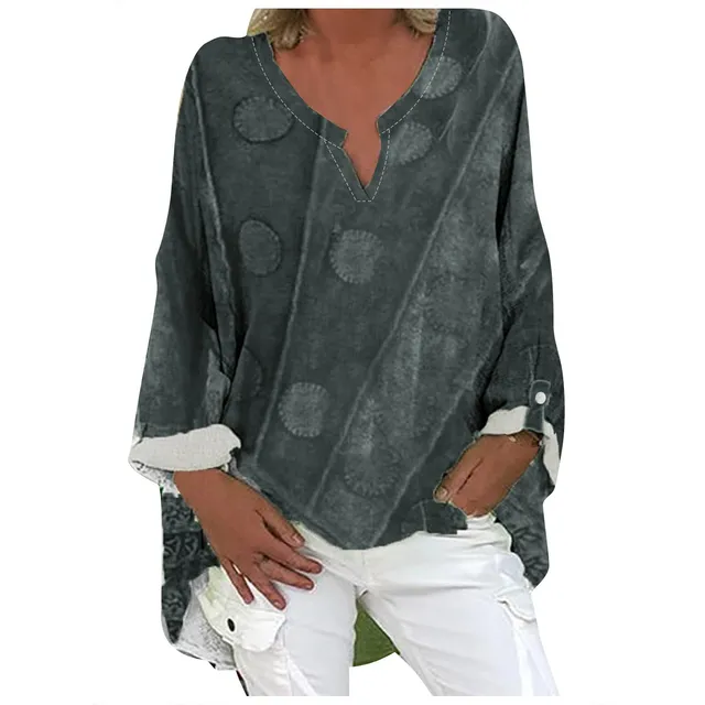 Camiseta Lino Para Mujer Cuello V Manga Larga Blusa Algodon