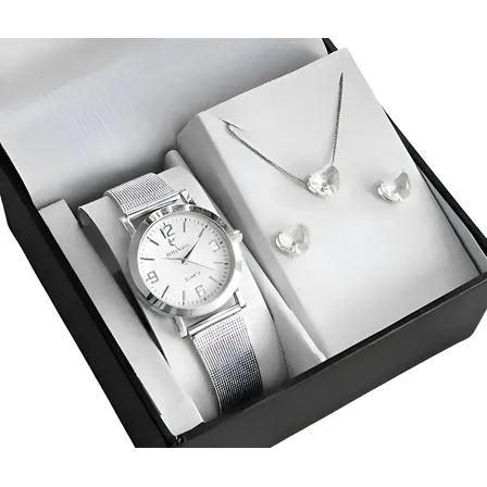 Relógio Feminino Quartz Prova D Água + Kit Colar E Brincos Prata