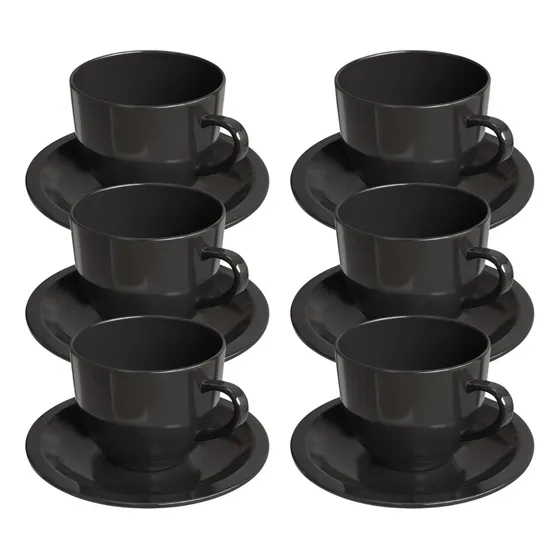 Jogo Xicara Café Chá Porcelana Preta 170ml Com Pires 6 Unid