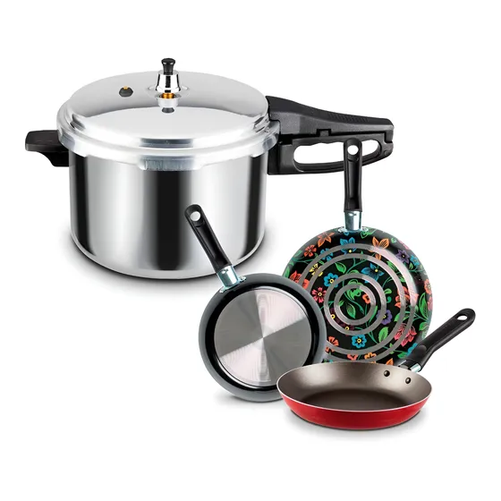 Set Ekco: Olla Express Aluminio 6 Lts Y 3 Pack De Sartenes Color Gris