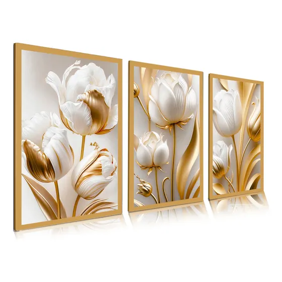 Quadro Decorativo Flores Tulipas Brancas Douradas Hd Sala Quarto Hall, Etacart, 3mm, Grande