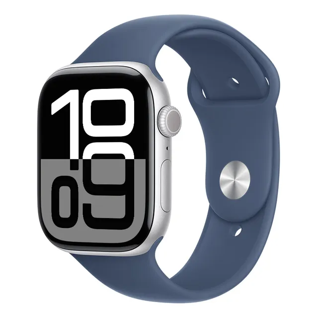 Apple Watch Series 10 GPS • Caja de aluminio color plata de 46 mm • Correa deportiva azul denim - M/L