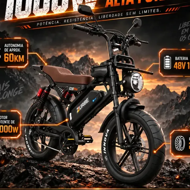 Zurbe Bicicleta Elétrica Bike S20 Pro 1000W 32km/h 60km Autonomia Pneu Slick Aro 20 Bateria Lítio Removível 48V 18.2Ah Suporta 150kg Trava na roda Antifurto Freio A Disco Cartão NFC