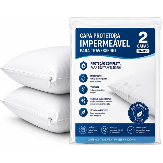 Kit 2 Capas Protetoras de Travesseiro 50x70cm 300 Fios Fronhas Impermeáveis e Antialérgicas com Zíper – Proteção Contra Ácaros e Líquidos – Cor Branco, Conforto e Durabilidade Linha GT Comfort Premium