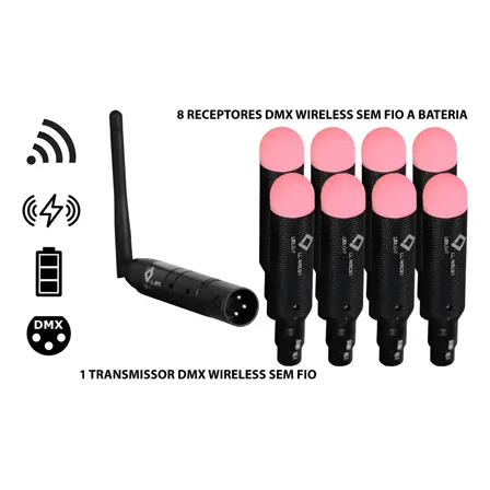 Kit Dmx Sem Fio Wireless Bateria 8 Receptores 1 Transmissor 127/220v