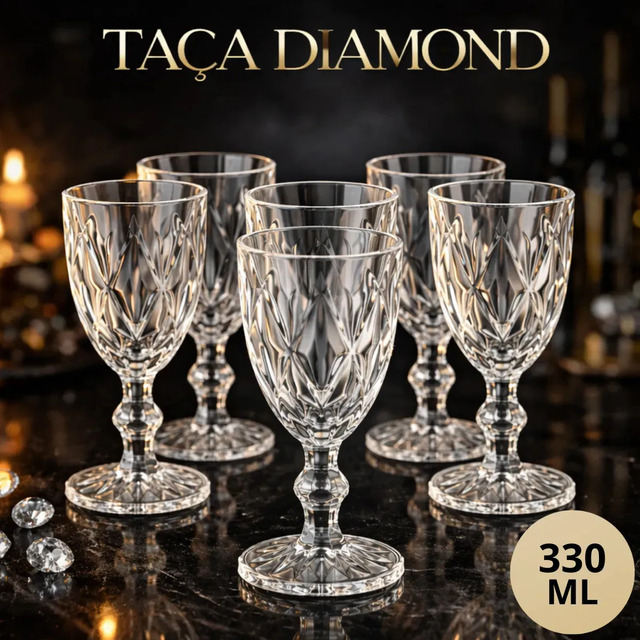 Kit 6 Taças Diamond 330ml Transparente Luxo Vidro Copo Transparente Diamante Cristal Suco ...