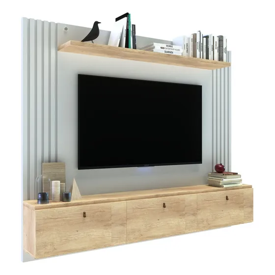 Panel Rack Tv 3 Puertas Delos Dro02 Varillado Tv Hasta 50'' Color Roble Nebraska Natural/blanco Laca