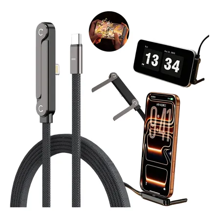 Cable Usb C A Lightning 90 Grados 30w Carga Rápida Datos Con Soporte Para Celular Negro