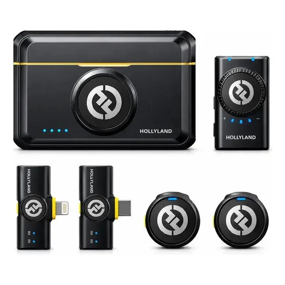 Microfone de lapela Hollyland Lark M2 Combo Preto. Sem Fio Duplo Com Cancelamento de Ruído USB-C Lightning Para iPhone Android Câmera Entrevistas Com Estojo de Carregamento Áudio 48kHz 24-bit