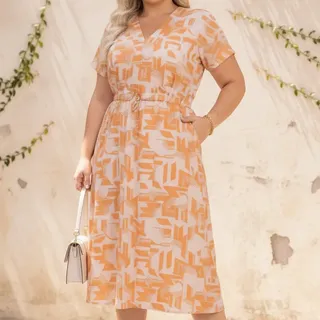 Vestido Midi Plus Size Feminino Malha Fria Leve Com Bolsos Laranja Geométrico G2