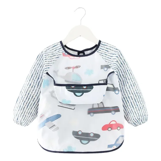 Babero Delantal Impermeable Algodón Manga Larga Bebés Niños
