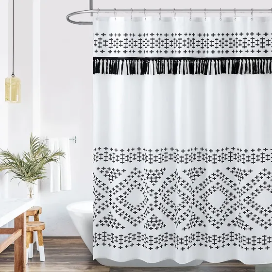 Cortina Ducha Bohemia Juego Baño Geometrica Simpl Tela Borla
