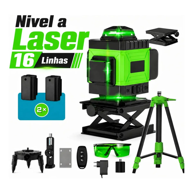 Kit de nível a laser verde de 16 linhas com tripé, suporte ajustável, óculos de proteção, duas baterias, carregador e controle remoto sobre fundo branco