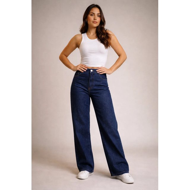 Calça Jeans Wide Leg Feminina Cintura Alta Sem Lycra Stillge Calça Jeans Wide Leg Feminina Cintura Alta Sem Lycra Stillge