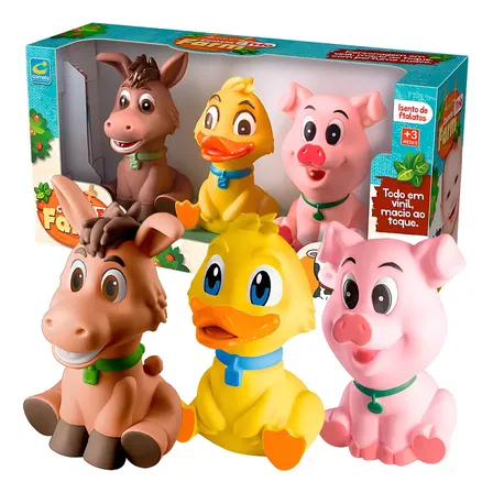 Mordedor Para Bebê Kit Completo 3 Unidades Macio Sensorial Infantil Vinil Atóxico Seguro sem apitos Bichinhos Patinho Porquinho Burrinho