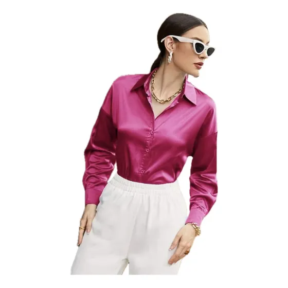 Camisa Fina De Mujer De Seda, Satinada Elegante Con Botones