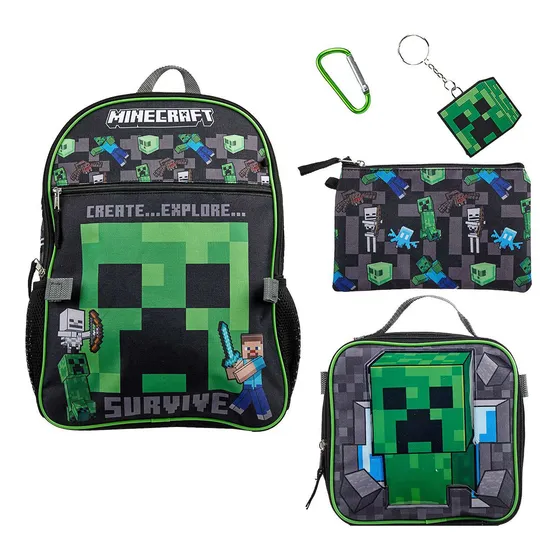 Morral Minecraft Con Lonchera, Cartuchera Y Llavero