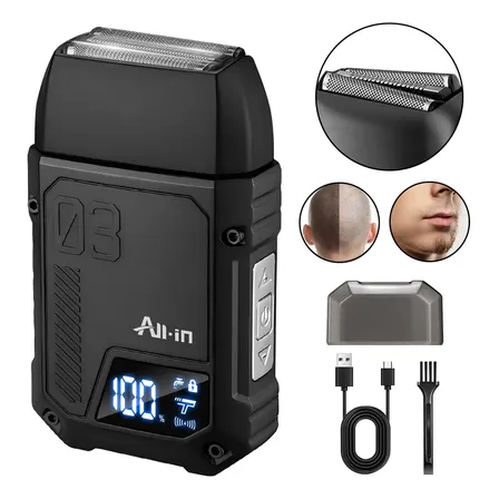 All-in Afeitadora Electrica Maquina Afeitar Barba 3 Niveles Rasuradora Hombre Cabeza Calva Inalambrica Recargable Shaver Con Pantalla Corta Al Raz Carga Tipo-c B-763bk Negro Regalo