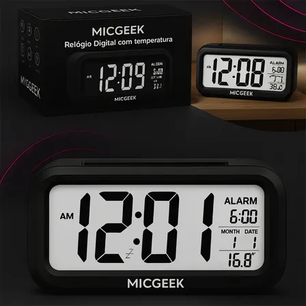 Relógio Despertador Digital Alto De Mesa Cabeceira Temperatura Calendário Com Sensor De Luminosidade Micgeek Preto 3v