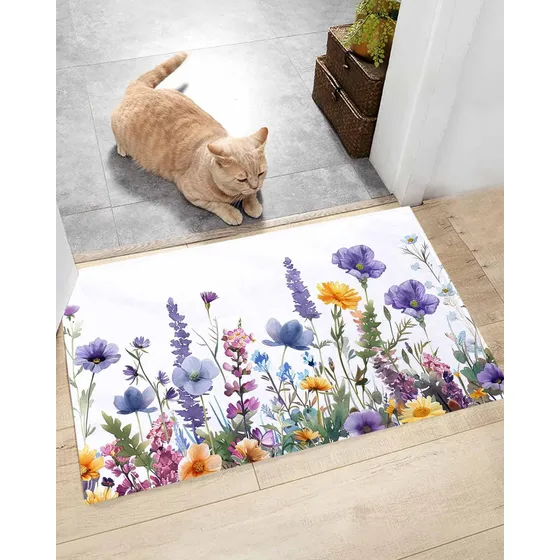 Felpudo Suave Pelo Largo Diseño Flor Lavanda Morada Alfombra
