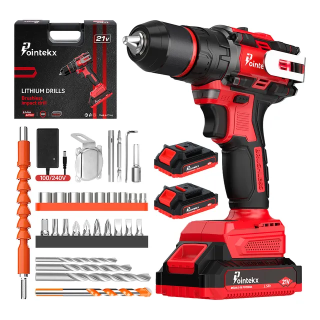 Pointekx Taladro Inalámbrico Atornillador de Impacto 3/8", 55 N.m, Motor sin Escobillas, Destornillador Eléctrico, Rotomartillo Percutor 20+3, 2 Baterías, 2 Velocidades, Kit de Herramientas de 28 Pzs