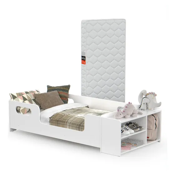 Mini Cama Infantil Montessoriana Com Colchão Juvenil E Sapateira Para Quarto De Criança Menino E Menina Cor Branco