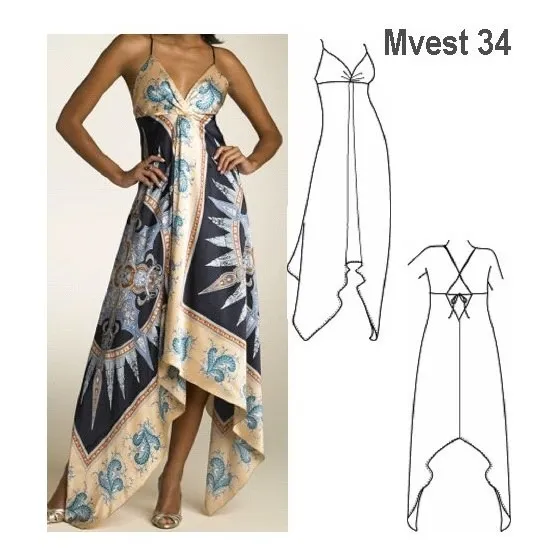Patrón Vestido Pañuelo Corte Bajo Busto Falda Asimétrica