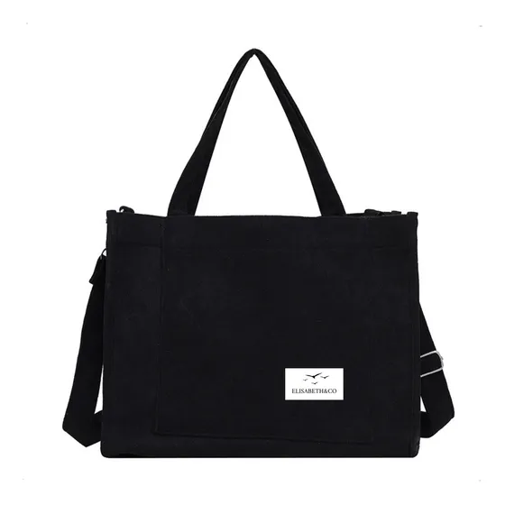 Bolso Universitario Mujer Elisabeth&co Nictionxl, Cartera Mujer Grande De Tela Corderoy Negro Reforzada Con Correa Desmontable Y Ajustable. Ideal Para La Facultad Universidad Uso Diario.