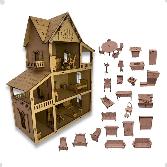 Kit Casa Boneca Infantil Em Mdf Cru + 30 Minimoveis Promoção