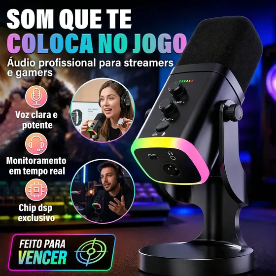 Microfone Gamer Profissional Usb-c E Xlr, Dsp, Modo Ktv, Rgb, Mudo Touch, Redução De Ruído, Retorno 3,5mm Para Podcast, Live, Pc E Celular Preto