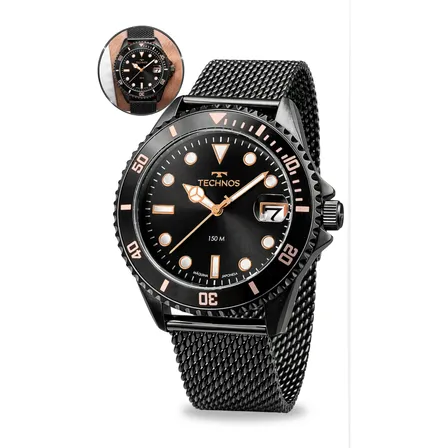 Relógio Technos Masculino 15 Atm Pulso Linha Aqua Original Preto