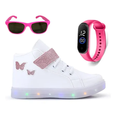 Kit Tênis Botinha Infantil Borboleta Menina + Oculos Relogio