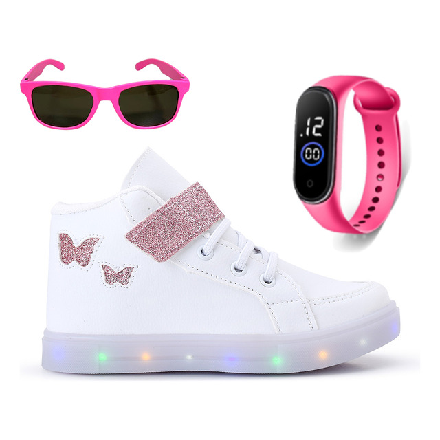 Kit Tênis Botinha Infantil Borboleta Menina + Oculos Relogio Kit Tênis Botinha Infantil Borboleta Menina + Oculos Relogio