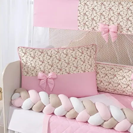 Kit Berço Trança Doce Menina Rosa Com Lençol E Naninha Baby