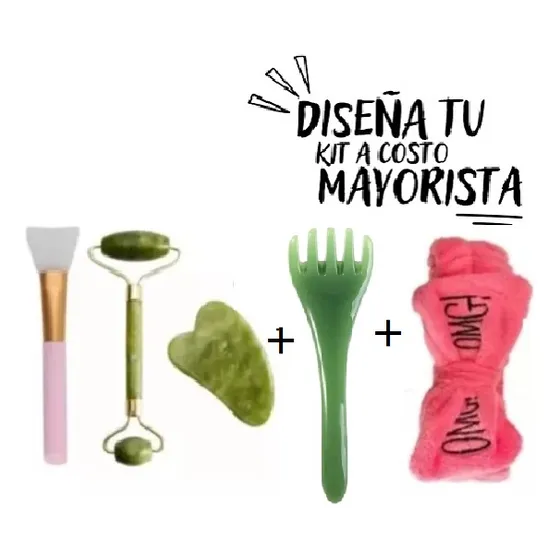Set Rodillo Facial Cuarzo Jade Piedra Gua Sha Espatula