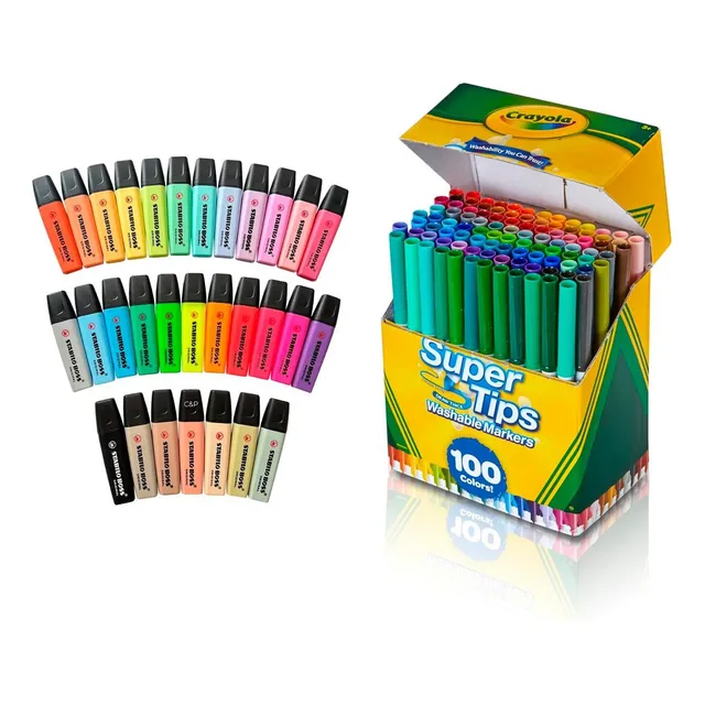 100 Supertips Crayola + Marcatextos Boss Stabilo 30